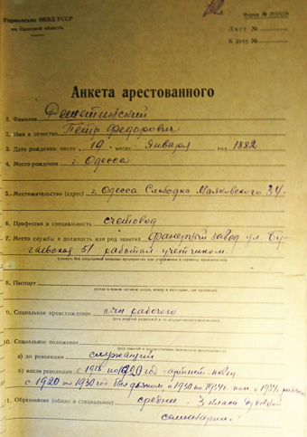 Анкета арестованного П.Ф.Решетинского